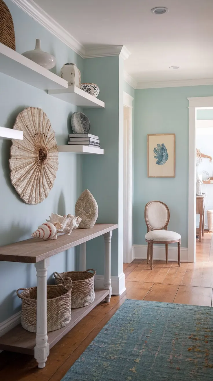 Step into serenity. This coastal foyer, with its beach house hallway leading the way, welcomes you with a coastal boho color palette and a charming coastal console adorned with seashell decorations.  The coastal entryway's light and airy feel perfectly captures the spirit of a relaxed beach house.