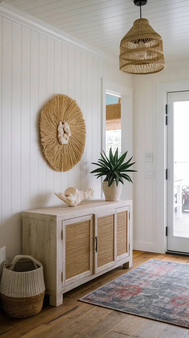 Step into serenity. This coastal foyer, with its beach house hallway leading the way, welcomes you with a coastal boho color palette and a charming coastal console adorned with seashell decorations.  The coastal entryway's light and airy feel perfectly captures the spirit of a relaxed beach house.