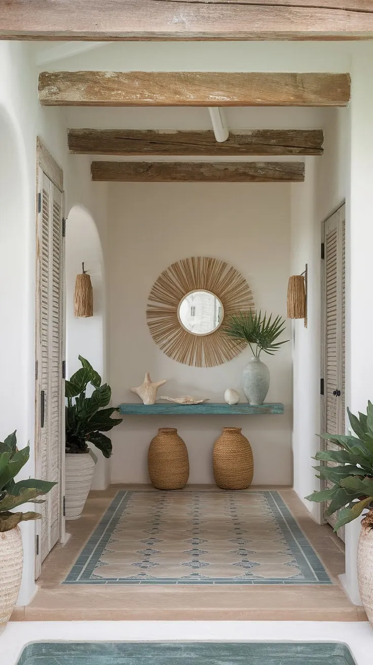 Step into serenity. This coastal entryway, with its beach house hallway and coastal boho color palette, welcomes you home with a coastal console adorned in seashell decorations.  The coastal foyer's calming atmosphere is the perfect transition from the outside world.