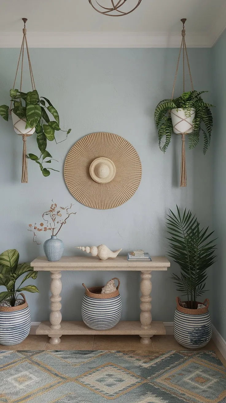 Step into serenity with this coastal boho color palette in our beach house entryway. The coastal console table, adorned with seashell decorations, sets the tone for this inviting coastal foyer and coastal hallway.
