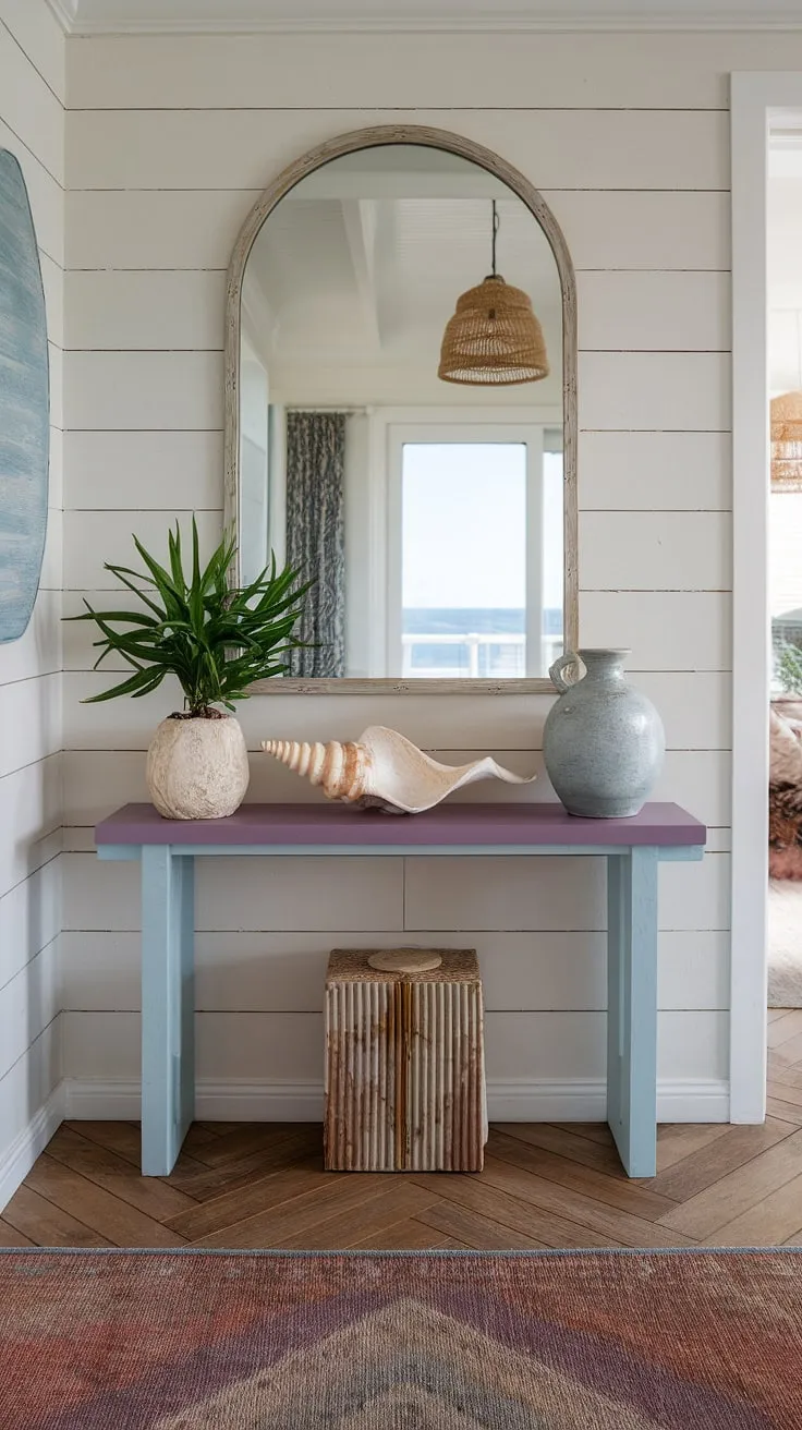 A breezy coastal entryway welcomes you into this beach house hallway.  The coastal console, styled with seashell decorations and reflecting the coastal boho color palette, sets the tone for relaxed coastal living in this stunning beach house entryway.