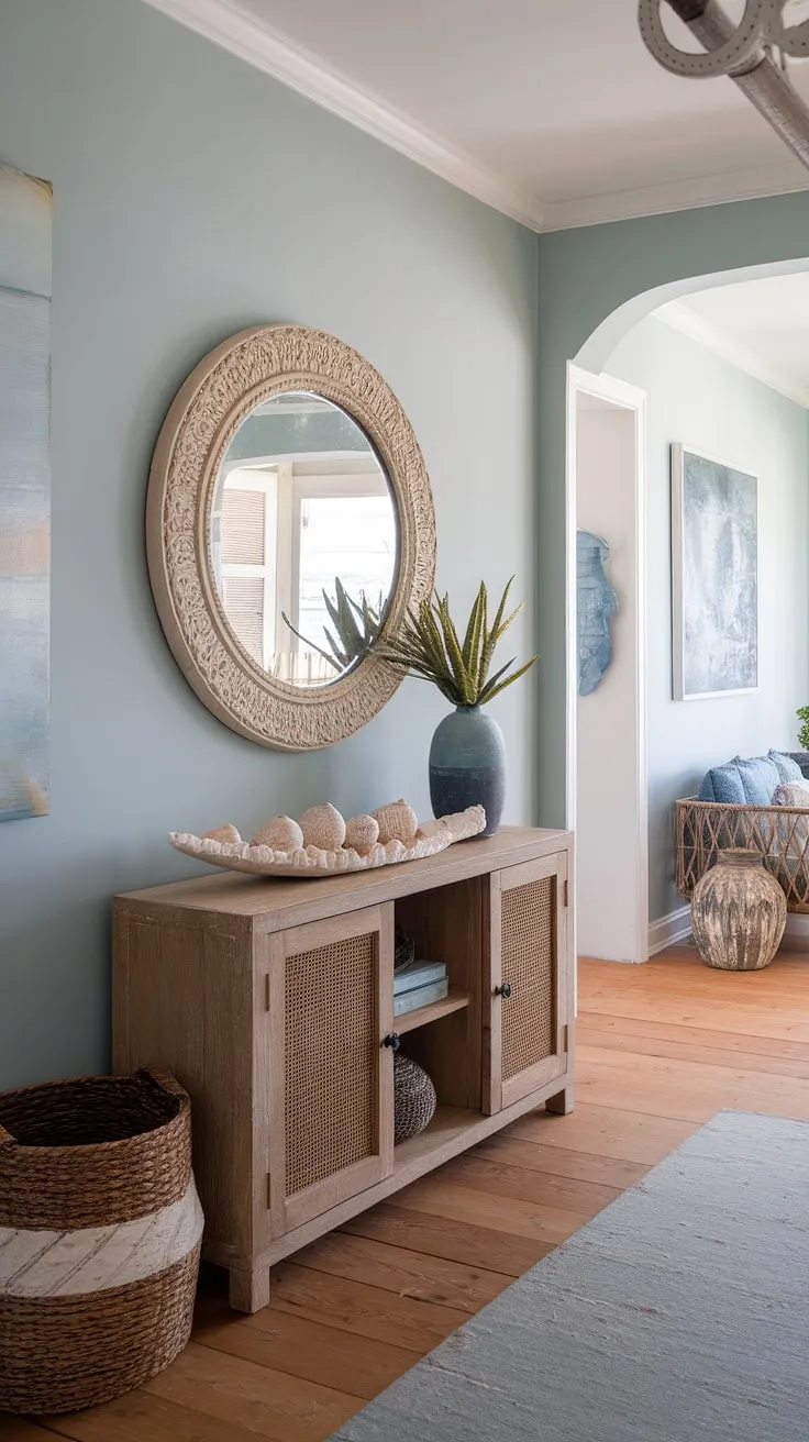 Sunlight streams through this beach house entryway, illuminating a coastal console styled with delicate seashell decorations. The coastal hallway, painted in a calming coastal boho color palette, creates a welcoming coastal foyer that embodies the spirit of the seaside.