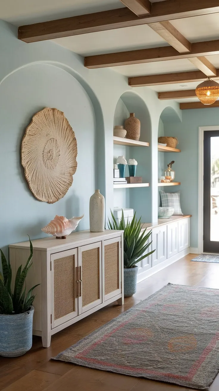 Step into serenity. This coastal entryway, a beach house hallway bathed in a coastal boho color palette, welcomes you with a coastal console adorned with seashell decorations.  The coastal foyer's calming atmosphere sets the tone for the entire beach house.