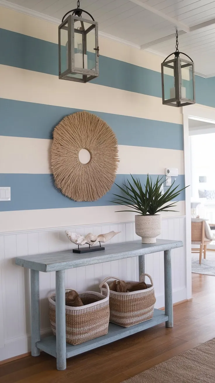Step into serenity. This coastal entryway, with its beach house hallway charm and coastal boho color palette, welcomes you home.  A coastal console displays seashell decorations, adding a touch of the ocean's beauty to this coastal foyer.