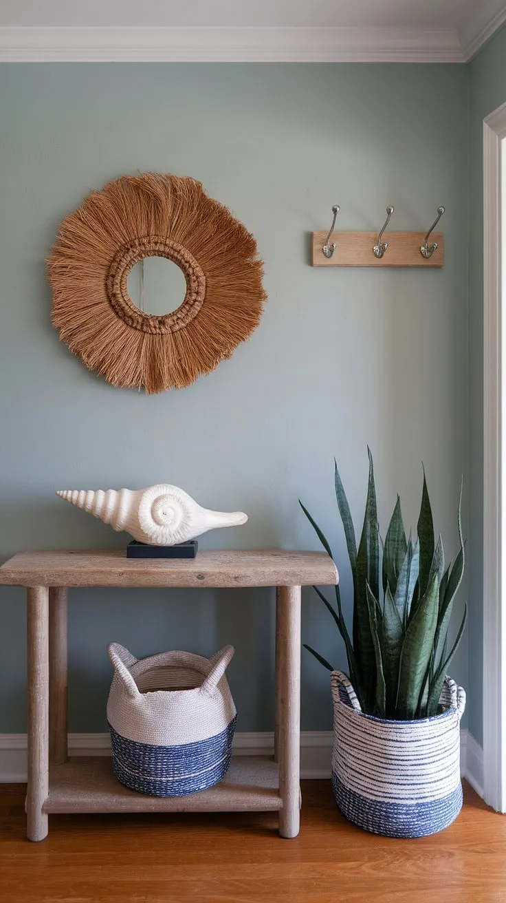 A breezy coastal foyer, this beach house entryway boasts a stunning coastal console showcasing delicate seashell decorations. The coastal hallway's coastal boho color palette creates a tranquil and inviting space, perfect for a relaxing coastal escape.