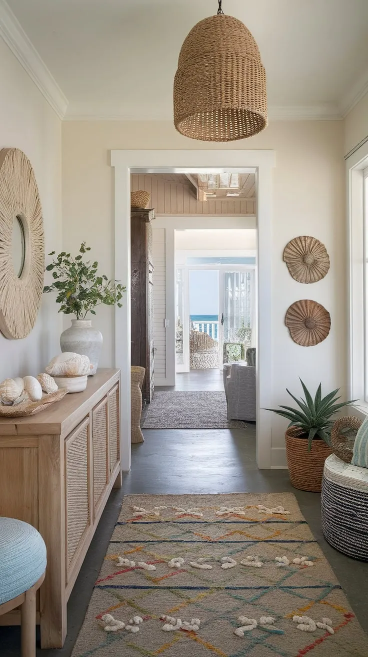 Sunlight streams into this coastal entryway, illuminating a beach house hallway bathed in a coastal boho color palette.  A coastal console table, adorned with seashell decorations, sets the tone for the relaxed elegance of this coastal foyer.