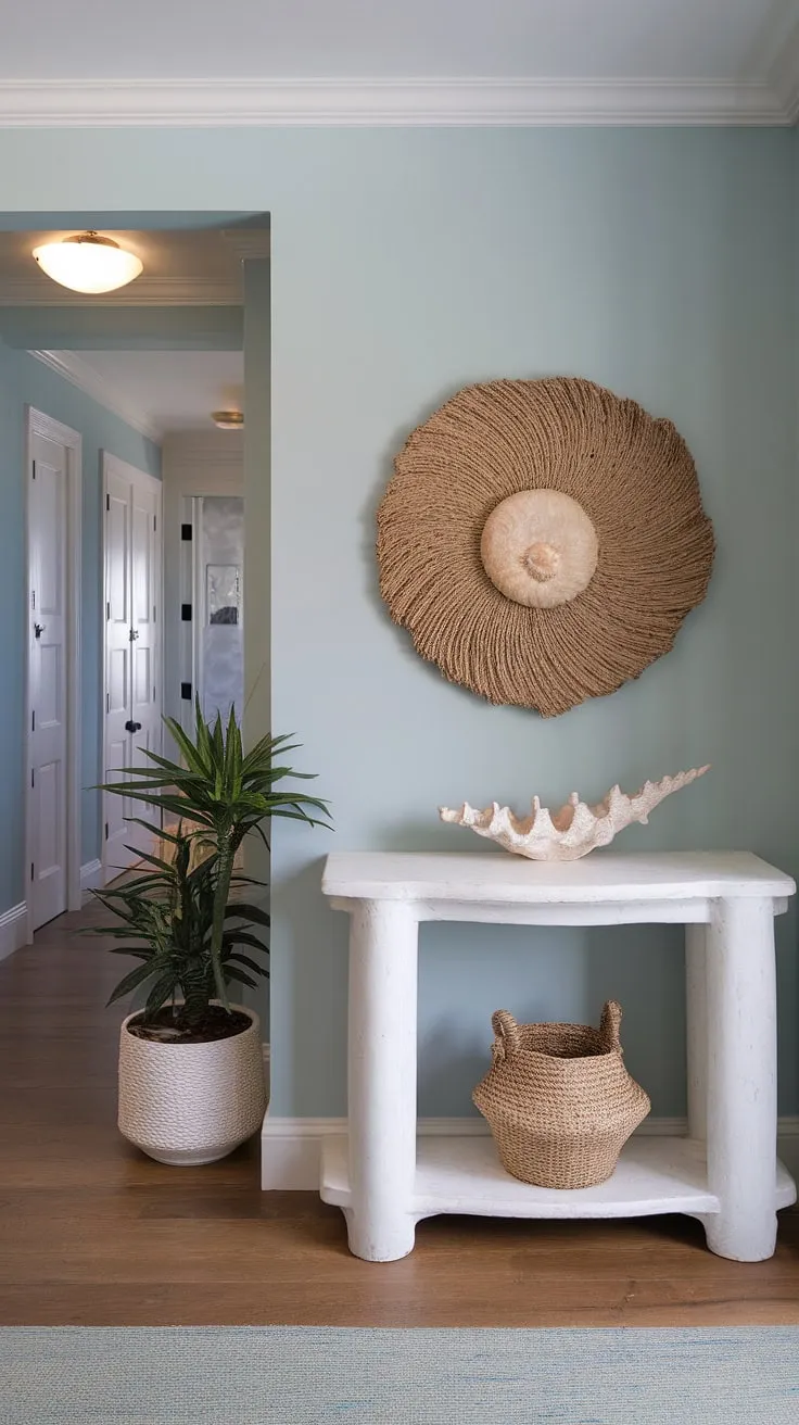 This coastal foyer welcomes you with its calming coastal boho color palette.  A white coastal console, accented by seashell decorations and a lush plant, creates a tranquil beach house entryway and sets the stage for the bright, airy coastal hallway beyond.