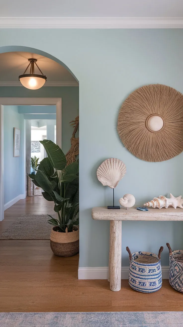The calming coastal boho color palette of this beach house entryway sets the tone for the entire home.  Seashell decorations accent the coastal console, adding a touch of whimsy to the spacious coastal hallway and inviting coastal entryway.
