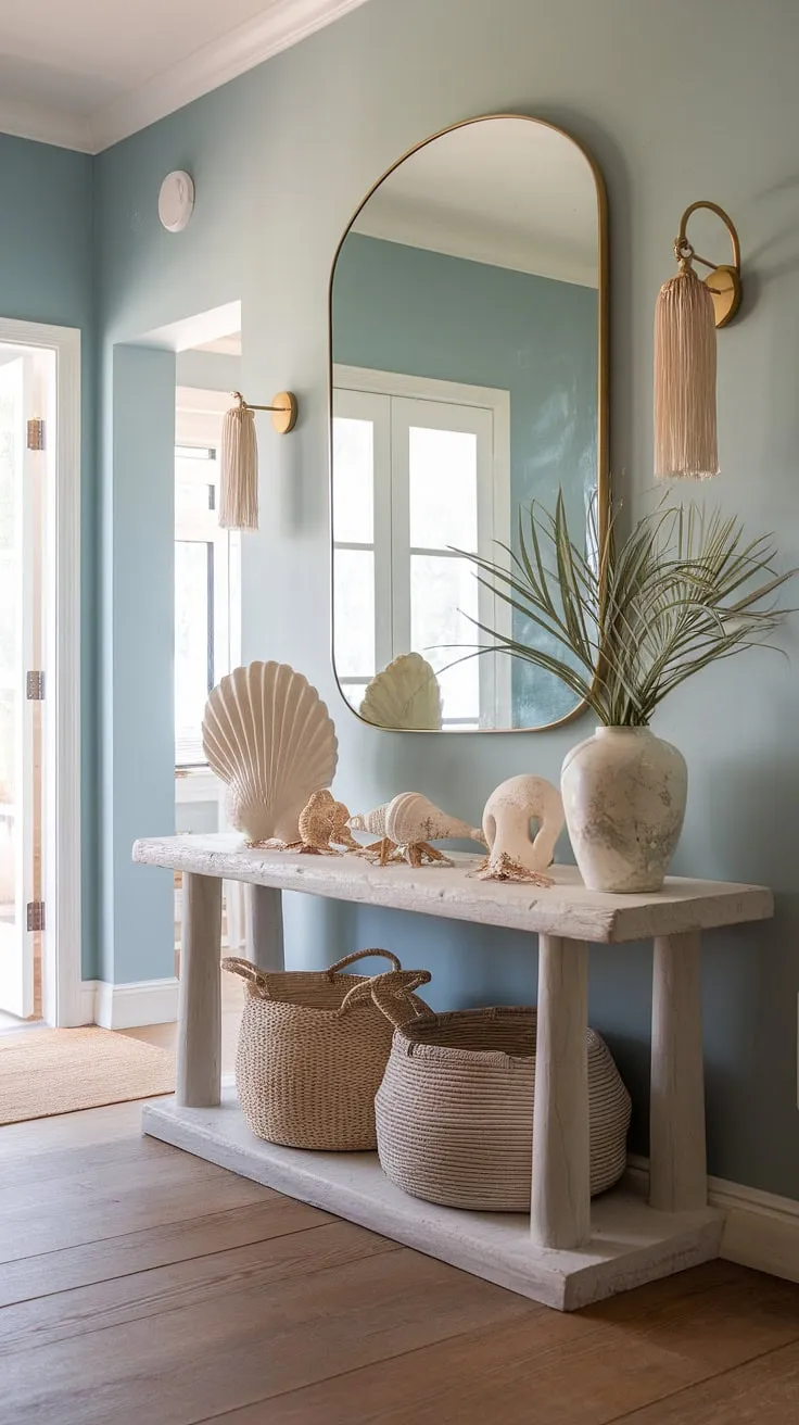 Step into serenity. This coastal entryway, a beach house hallway bathed in a coastal boho color palette, welcomes you with a coastal console adorned with seashell decorations.  The coastal foyer's calming atmosphere sets the tone for the entire beach house.