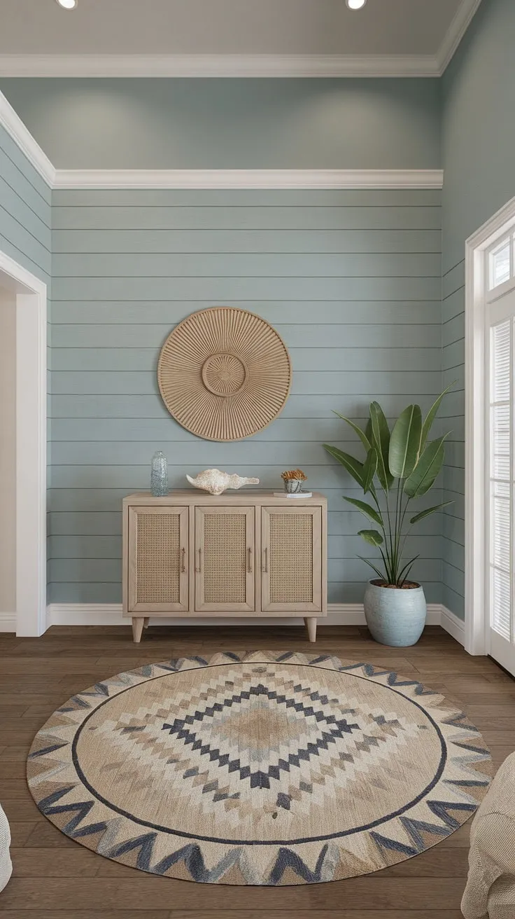 A breezy coastal hallway welcomes you home. This beach house entryway, designed with a coastal boho color palette, features a charming coastal console showcasing seashell decorations. The soft blue walls and geometric rug create a tranquil coastal foyer, perfect for shedding the day's worries.