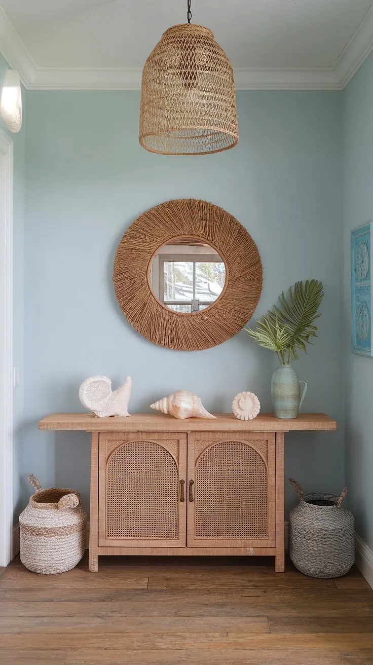 Step into serenity. This coastal foyer, with its beach house hallway leading the way, boasts a coastal boho color palette and a charming coastal console adorned with seashell decorations. The coastal entryway perfectly captures the relaxed elegance of beach house living.