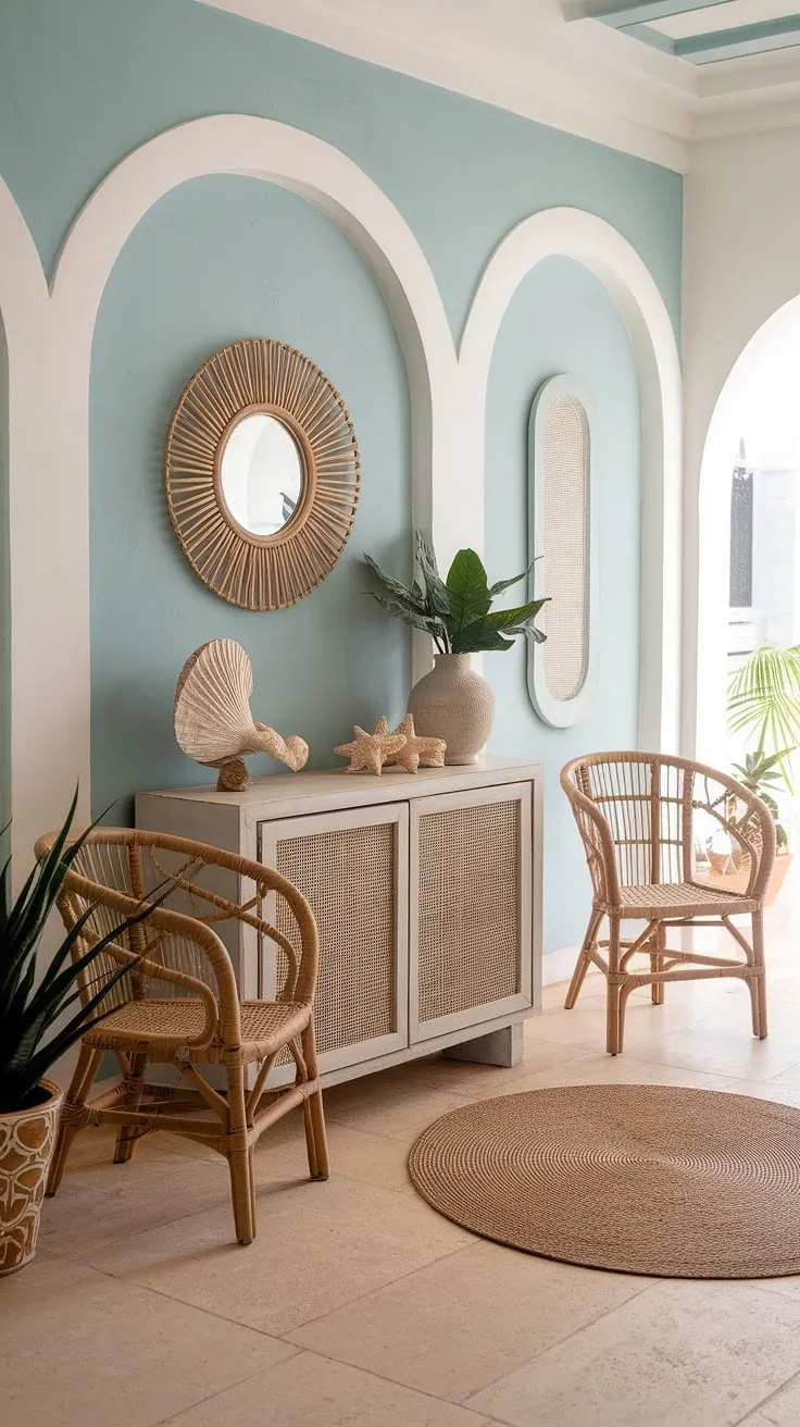 A breezy coastal entryway welcomes you into this beach house hallway.  The coastal console, styled with seashell decorations and reflecting the coastal boho color palette, sets the tone for relaxed coastal living. This beach house entryway is pure coastal charm.