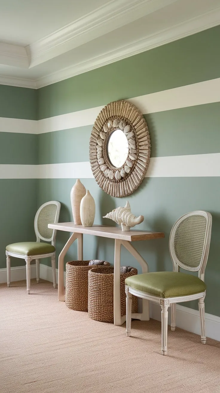 A breezy coastal entryway welcomes you into this beach house hallway. The coastal console, styled with seashell decorations, complements the coastal boho color palette, creating a tranquil and inviting coastal foyer.  The perfect blend of beach house charm and relaxed sophistication.
