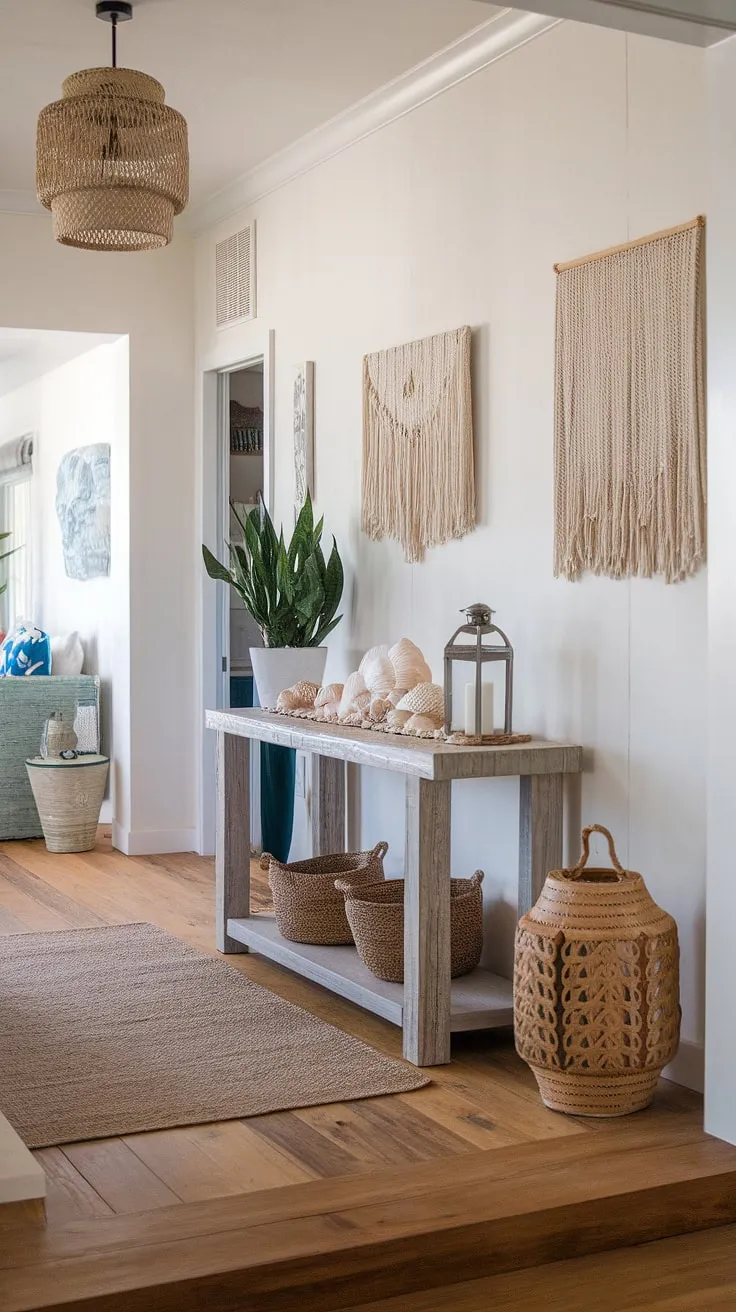 This coastal hallway welcomes you home with its relaxed coastal boho color palette.  A charming coastal console table, featuring seashell decorations and a lantern, anchors this beach house entryway, creating a serene and stylish coastal foyer perfect for a beach house.