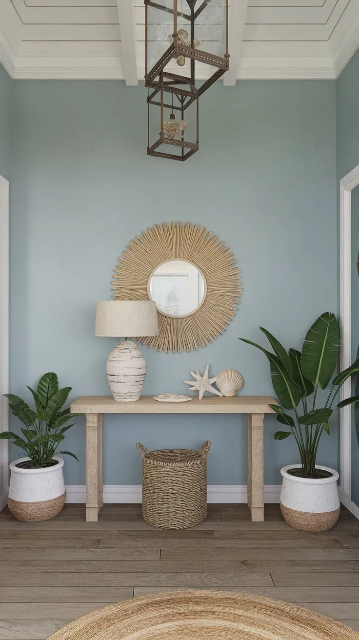 This coastal hallway welcomes you home with its relaxed coastal boho color palette.  A charming coastal console, featuring seashell decorations, anchors this beach house entryway, while woven baskets and potted plants add a touch of natural beauty to the light blue walls and wooden floors.  The perfect coastal foyer.