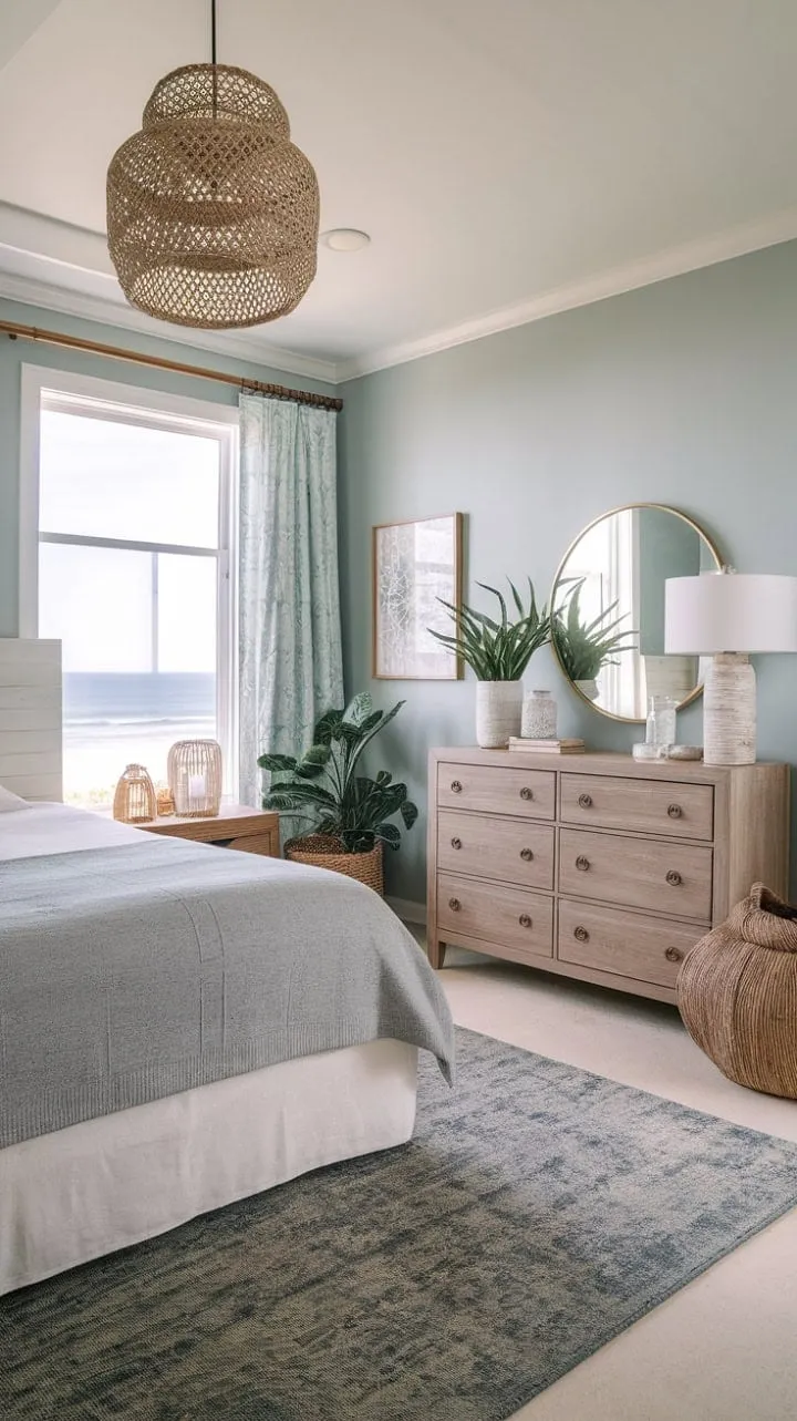 Escape to a serene coastal retreat where light blue walls and boho chic accents harmonize with ocean views for blissful nights.