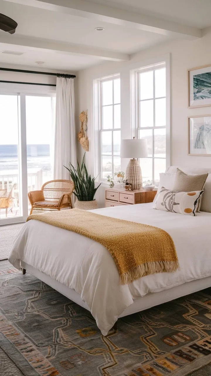 Experience serene coastal living in a charming farmhouse, where stunning ocean views and a soothing palette invite relaxation and rejuvenation.