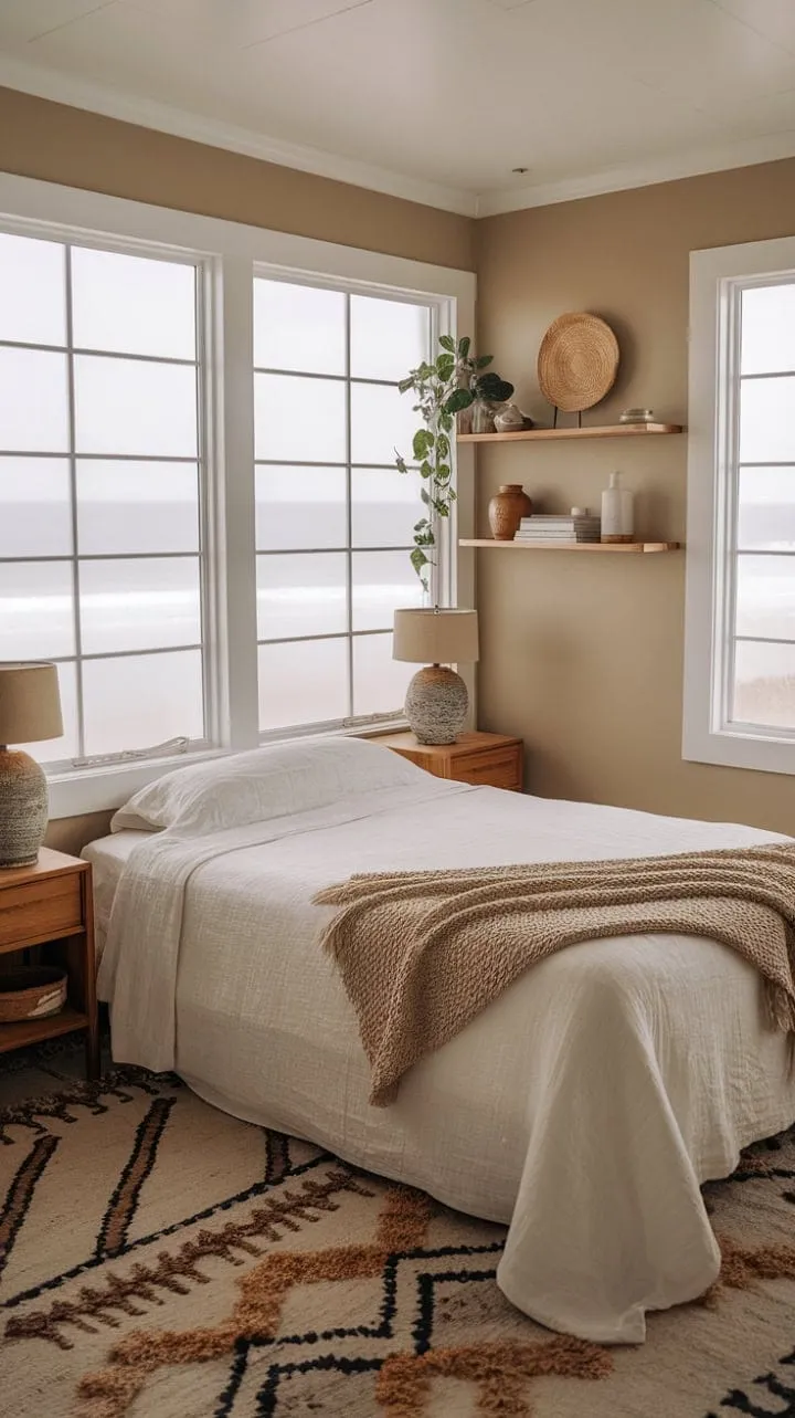 Escape to a serene sanctuary where natural light dances on white linens and warm wood accents, harmonizing modern and boho styles for the ultimate ocean-inspired retreat.