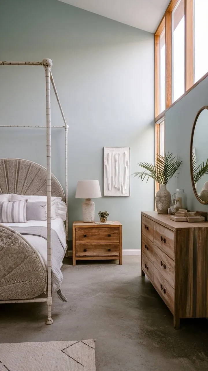Awaken to the soothing symphony of waves in a chic coastal retreat that harmoniously fuses minimalist design with bohemian charm.