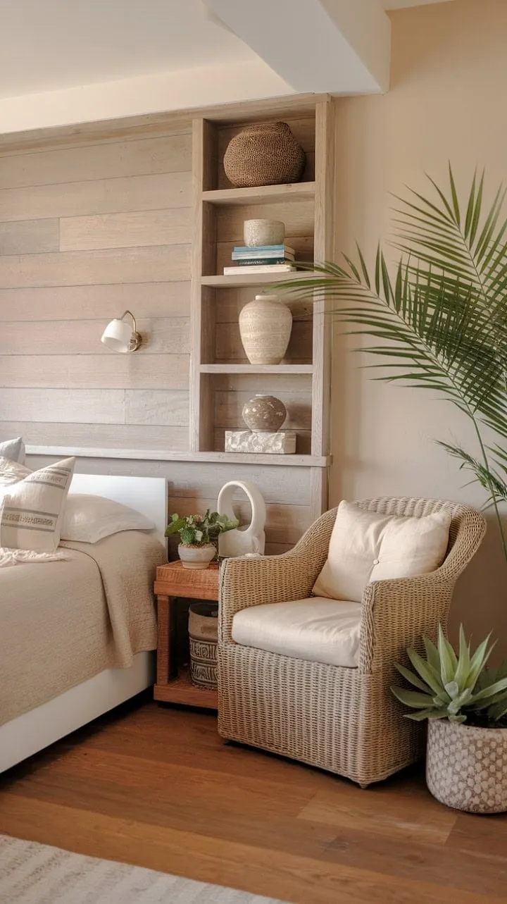 This serene bedroom harmoniously blends coastal calm with modern minimalism, featuring a neutral palette and natural textures that invite relaxation after coastal adventures.