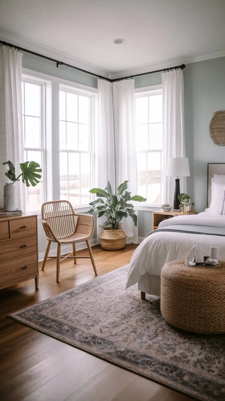 Escape to serene coastal bliss in this beautifully styled farmhouse bedroom, where airy blue walls and natural textures harmonize for a restful retreat.