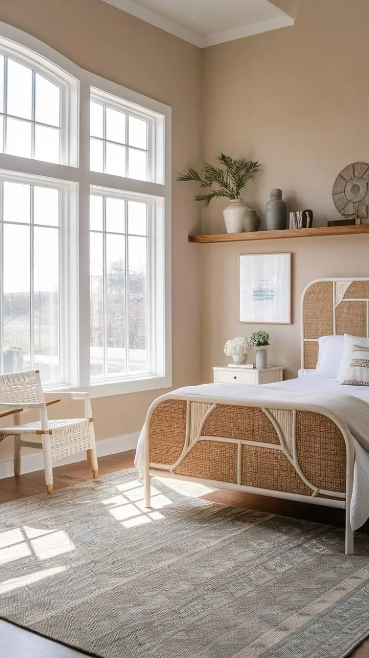 Escape to a serene coastal haven where a queen-size bed and sunlit boho decor invite you to drift away with the soothing rhythm of the sea.