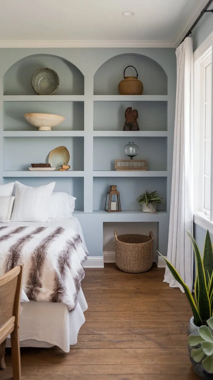 Escape to tranquility in a coastal farmhouse bedroom where soft blue hues and white linens evoke a serene boho ocean vibe.