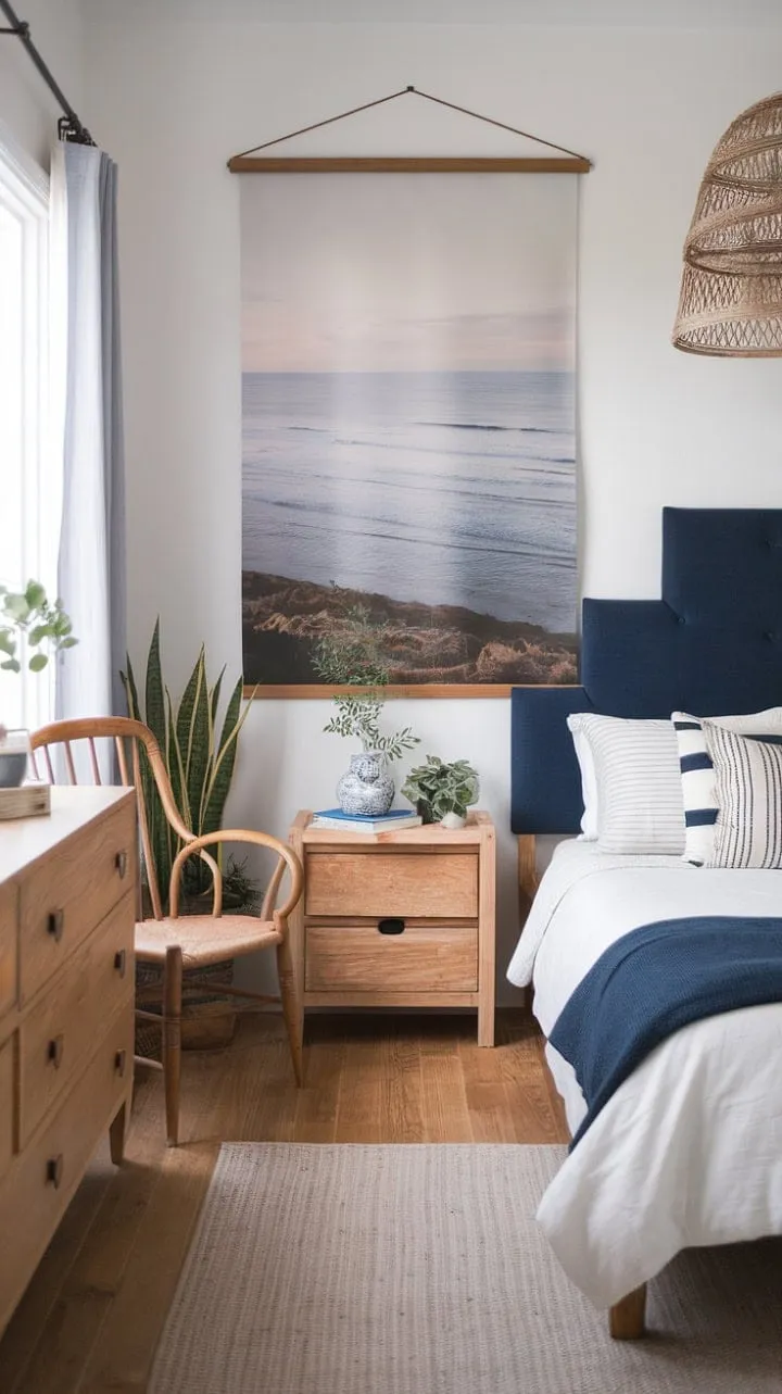 Embrace tranquility in this minimalist coastal bedroom, where serene ocean art and navy accents harmonize with nature for a calming boho escape.