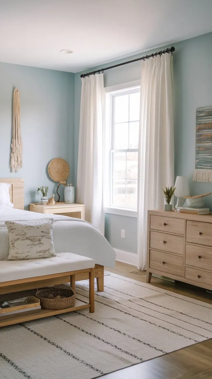 Awaken to the soothing ocean whispers in a chic, minimalist coastal sanctuary that beautifully marries boho charm with serene blue hues and natural textures.