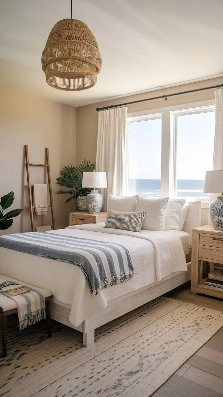 Escape to a serene coastal bedroom where boho charm and breathtaking ocean views create a dreamy sanctuary for relaxation.