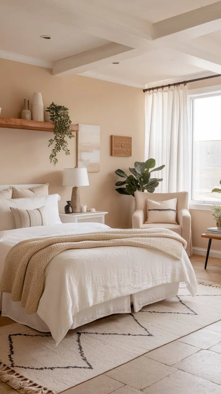 Experience effortless coastal living in this exquisitely designed farmhouse bedroom, where minimalist decor and natural textures harmonize to create a stylishly serene retreat.