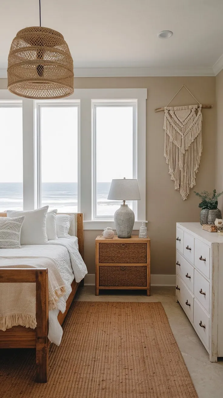 Drift off to sleep in this calming coastal haven. The natural light streaming through the large windows, combined with the earthy tones and handcrafted details, creates a peaceful atmosphere. A sanctuary where the beauty of the ocean meets the comfort of home.