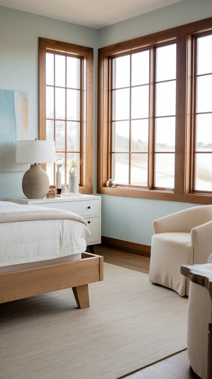 Drift off to sleep in this idyllic coastal farmhouse bedroom. The spacious room, bathed in natural light from large windows, boasts a calming atmosphere enhanced by the soft blue walls and natural wood tones. A haven of peace and tranquility, it's the ideal space to relax and recharge.