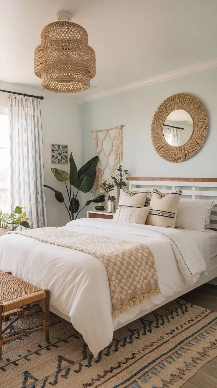 Wake up to the sound of waves in this serene coastal farmhouse bedroom. The light blue walls, woven rug, and minimalist decor create a peaceful bohemian beach haven, perfect for unwinding after a day exploring the coast. A touch of greenery adds to the tranquil atmosphere.