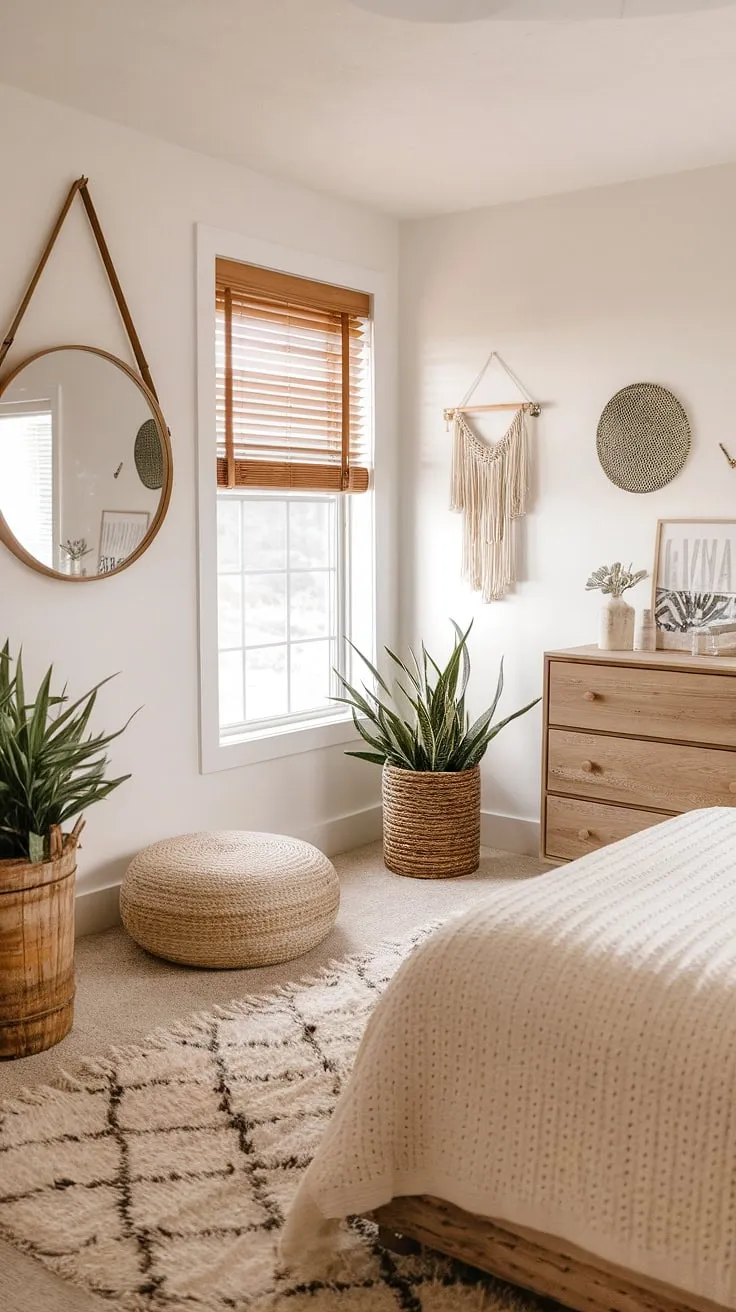Sunlight streams through the wooden blinds, illuminating the calm, minimal coastal decor of this serene bedroom. The woven textures and pops of greenery create a peaceful boho ocean vibe, perfect for unwinding after a day exploring the coast. A large round mirror reflects the light, enhancing the airy feel of this coastal farmhouse haven.