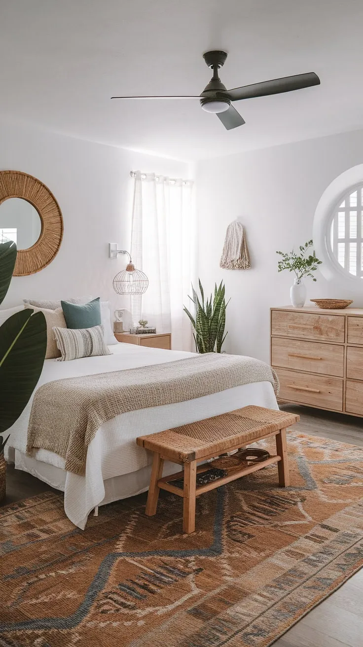 Wake up to the calming rhythm of the ocean in this coastal farmhouse bedroom. The minimal decor and boho touches create a serene space perfect for relaxation, where the woven textures and natural light enhance the tranquil atmosphere. A perfect blend of modern and rustic, this room is a sanctuary by the sea.