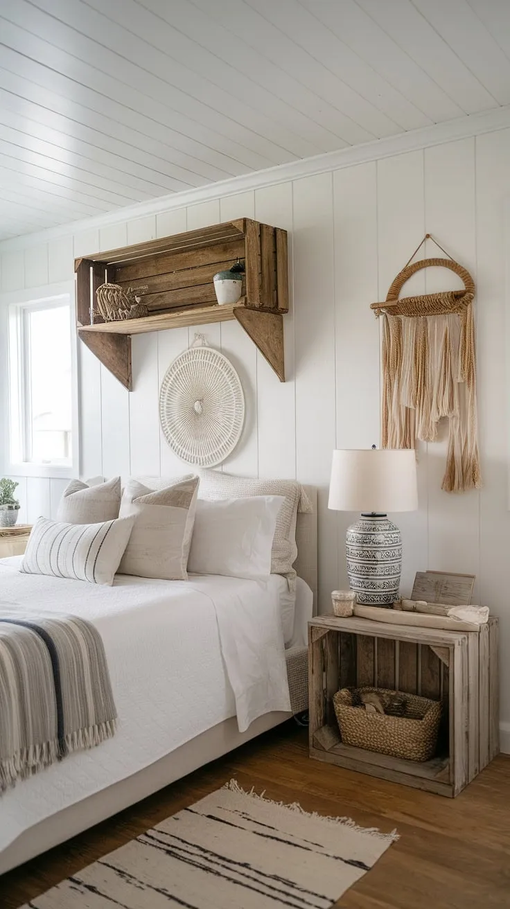 Drift away to the rhythm of the ocean in this bright and airy bedroom. The minimalist design, accented with beachy decor and a touch of boho charm, offers a tranquil retreat. A perfect blend of comfort and coastal style, this room embodies the relaxed spirit of seaside living.
