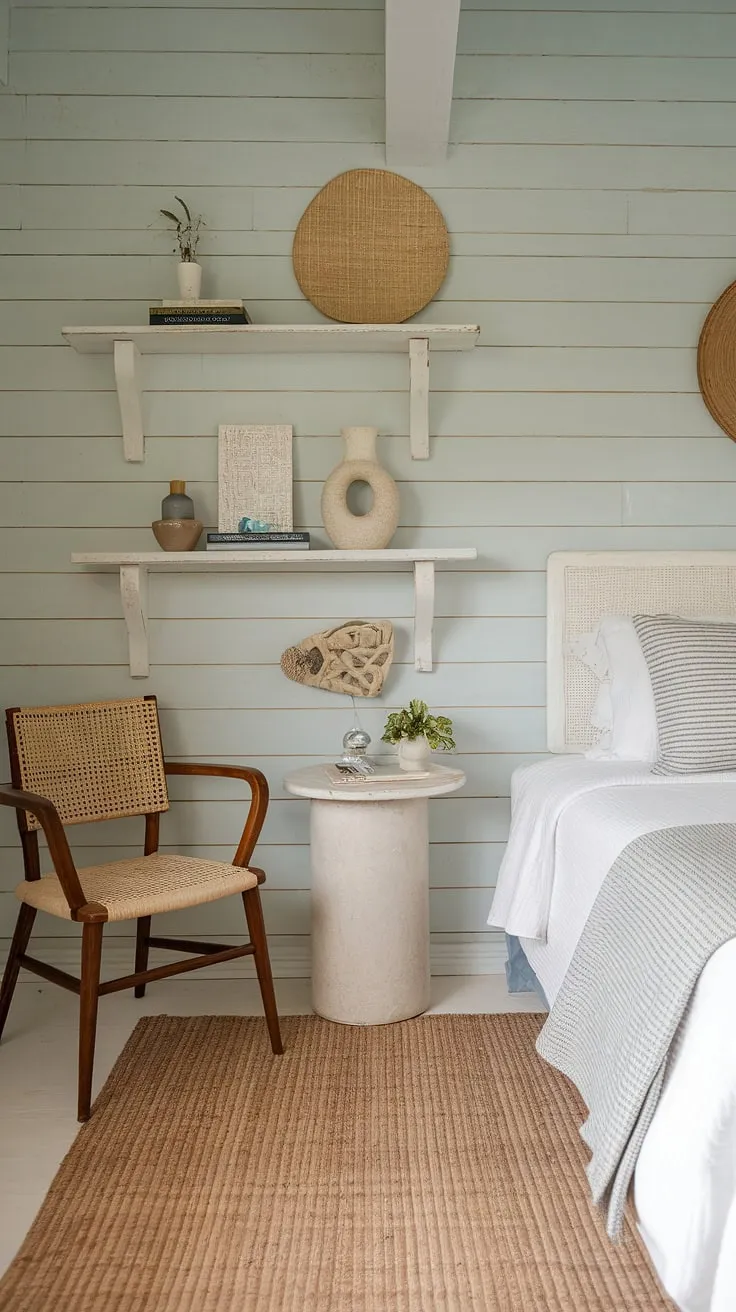 Drift away to the rhythm of the sea in this exquisitely decorated coastal boho bedroom. The airy space, featuring a whitewashed bed and charming wooden chair, offers a tranquil escape. A perfect blend of modern beach home decor and relaxed coastal living.