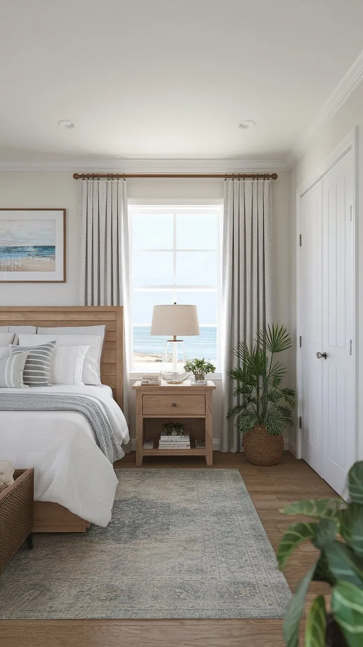 Wake up to breathtaking ocean views from this coastal farmhouse haven. The calming white walls, natural wood floors, and modern beach decor create a serene escape, perfect for unwinding after a day exploring the coast. A perfect blend of rustic charm and contemporary style.