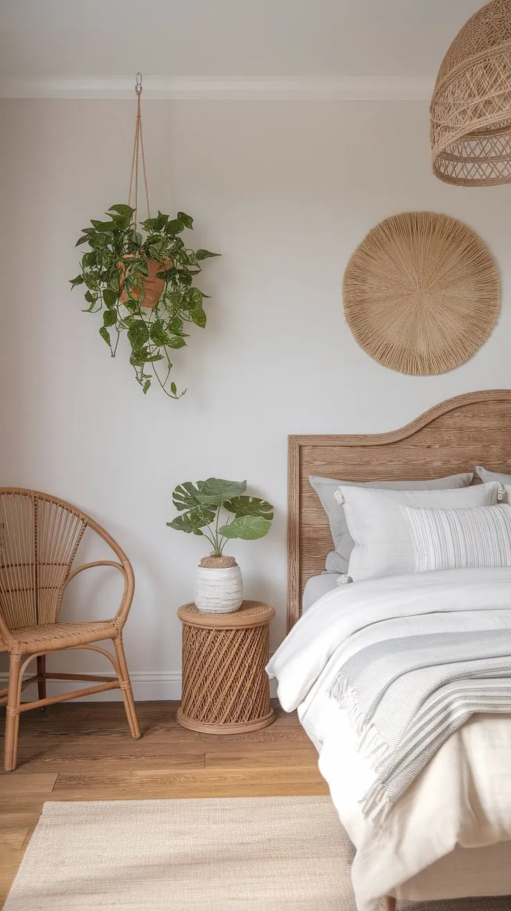 Wake up to the sound of waves in this serene coastal farmhouse bedroom. The minimalist decor and natural textures create a peaceful boho haven, perfect for unwinding after a day exploring the coast. A touch of modern beach style adds a sophisticated feel.
