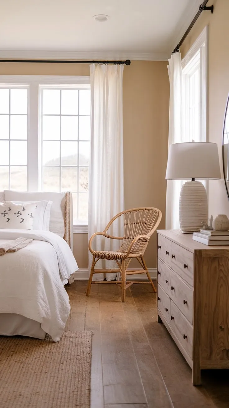 Wake up to the sound of waves and the gentle sea breeze in this serene coastal farmhouse bedroom. The minimalist decor and natural light create a peaceful sanctuary, perfect for unwinding after a day exploring the coast. A touch of boho charm adds warmth and personality to this tranquil escape.