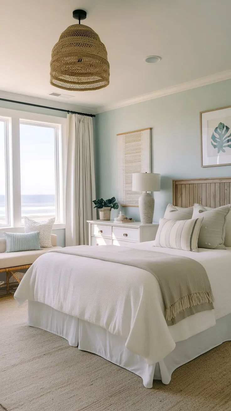 Drift away to the rhythm of the waves in this dreamy coastal bedroom. The blend of modern beach home decor and bohemian style creates a uniquely relaxing atmosphere. Natural light floods the room, highlighting the simple elegance of the white furniture and the calming ocean view beyond the window, making it the perfect coastal retreat.