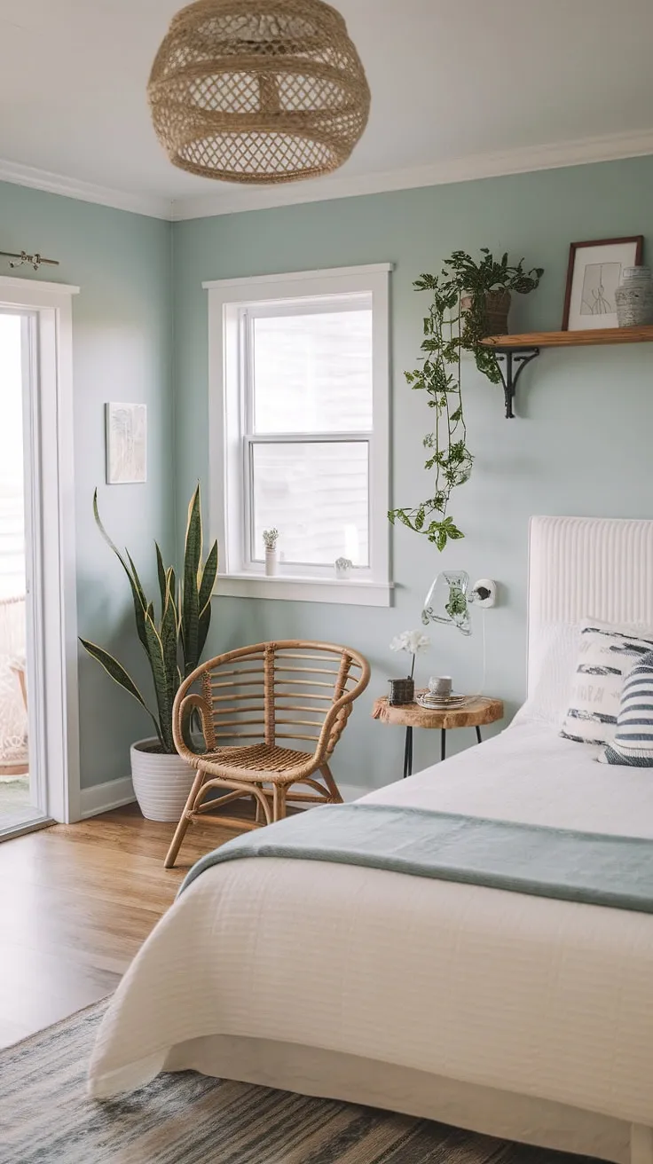 Drift away to the rhythm of the sea in this dreamy bedroom. The queen-size bed, wooden shelf, and French doors leading to the ocean breeze complete the relaxed coastal farmhouse vibe. A sanctuary of calm, perfectly styled with a modern beach home aesthetic.