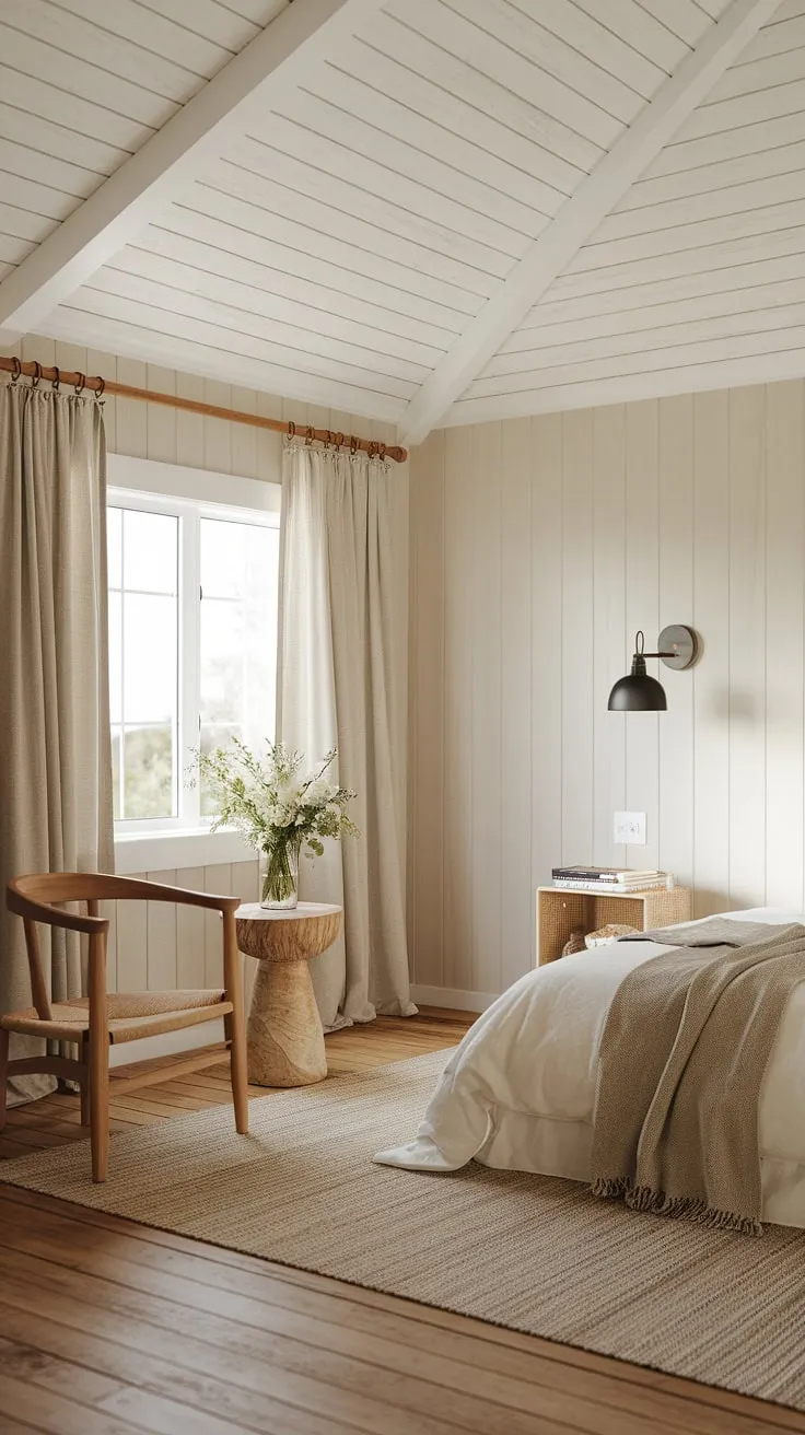 Drift away to sleep in this idyllic coastal retreat. The minimalist design, combined with natural textures and calming colors, evokes a sense of peace and serenity. This bedroom is a perfect blend of modern beach house style and cozy farmhouse charm, offering a restful haven by the sea.