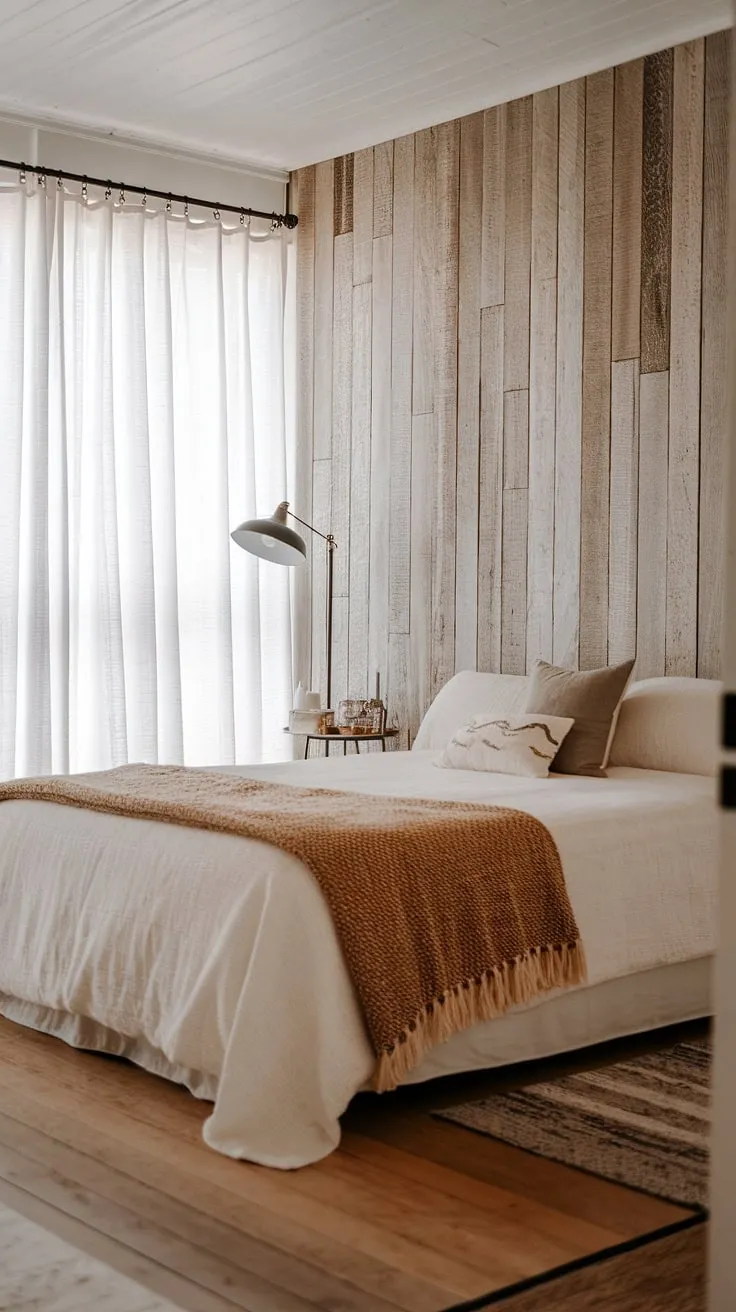 Drift off to sleep in this tranquil coastal bedroom, where boho chic meets modern minimalism. The natural light streaming through the large window illuminates the calming space, enhanced by the rustic wood wall and the simple elegance of the woven textures. A perfect blend of comfort and coastal charm.