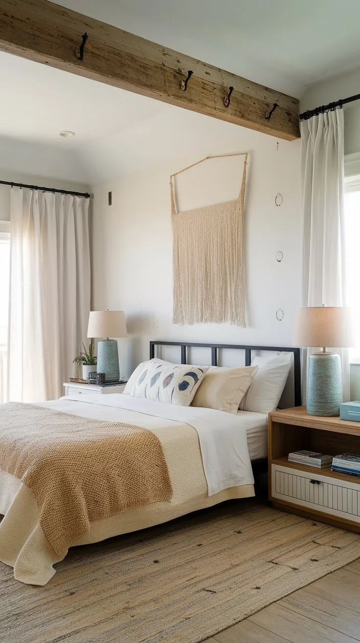 Wake up to the sound of waves crashing just beyond the window. This coastal farmhouse bedroom, with its woven textures, natural wood tones, and calming neutral palette, is the perfect sanctuary for a peaceful escape. The king-size bed, a simple wooden nightstand, and a touch of modern beach home decor create a space that's both stylish and effortlessly comfortable. A true haven for relaxation.
