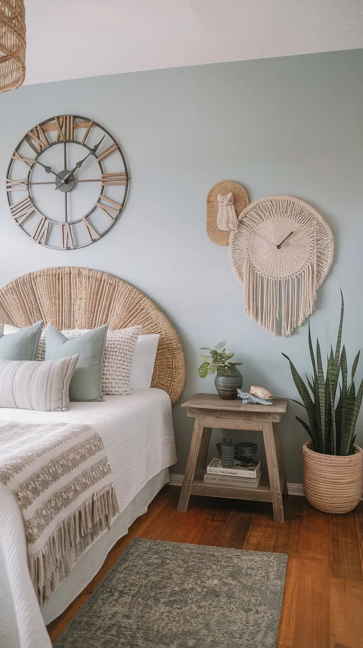 Coastal farmhouse charm meets modern bohemian style in this serene bedroom. The light blue walls, woven headboard, and eclectic mix of textures create a tranquil escape, perfect for unwinding after a day spent exploring the coast. The large wood and metal clock serves as a stylish reminder to savor every moment.