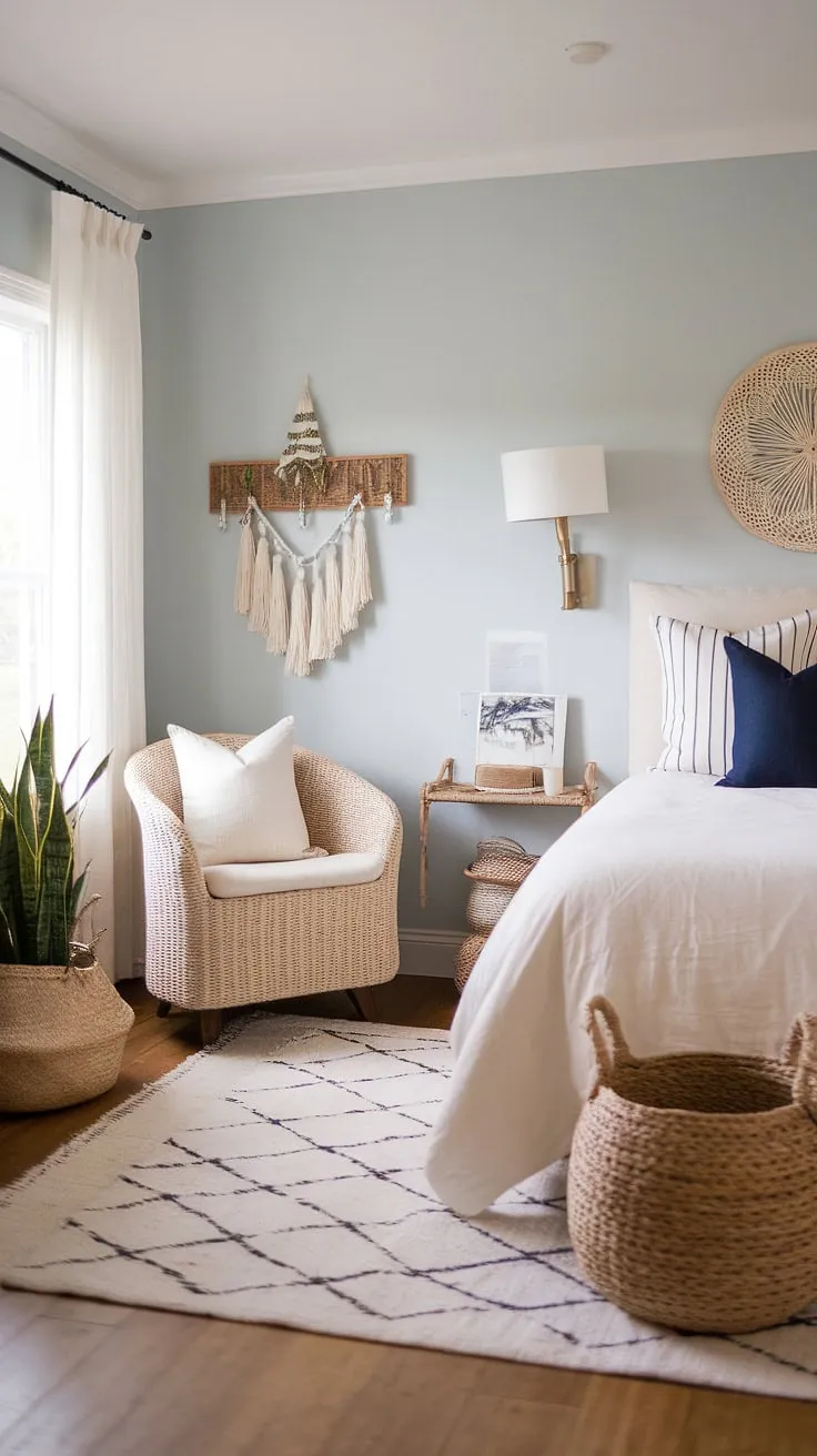 Drift away to the rhythm of the ocean in this beautifully appointed bedroom. Light and airy with a minimalist approach, the space is infused with a calming coastal vibe, enhanced by subtle boho accents and a touch of modern elegance. The perfect sanctuary for relaxation.