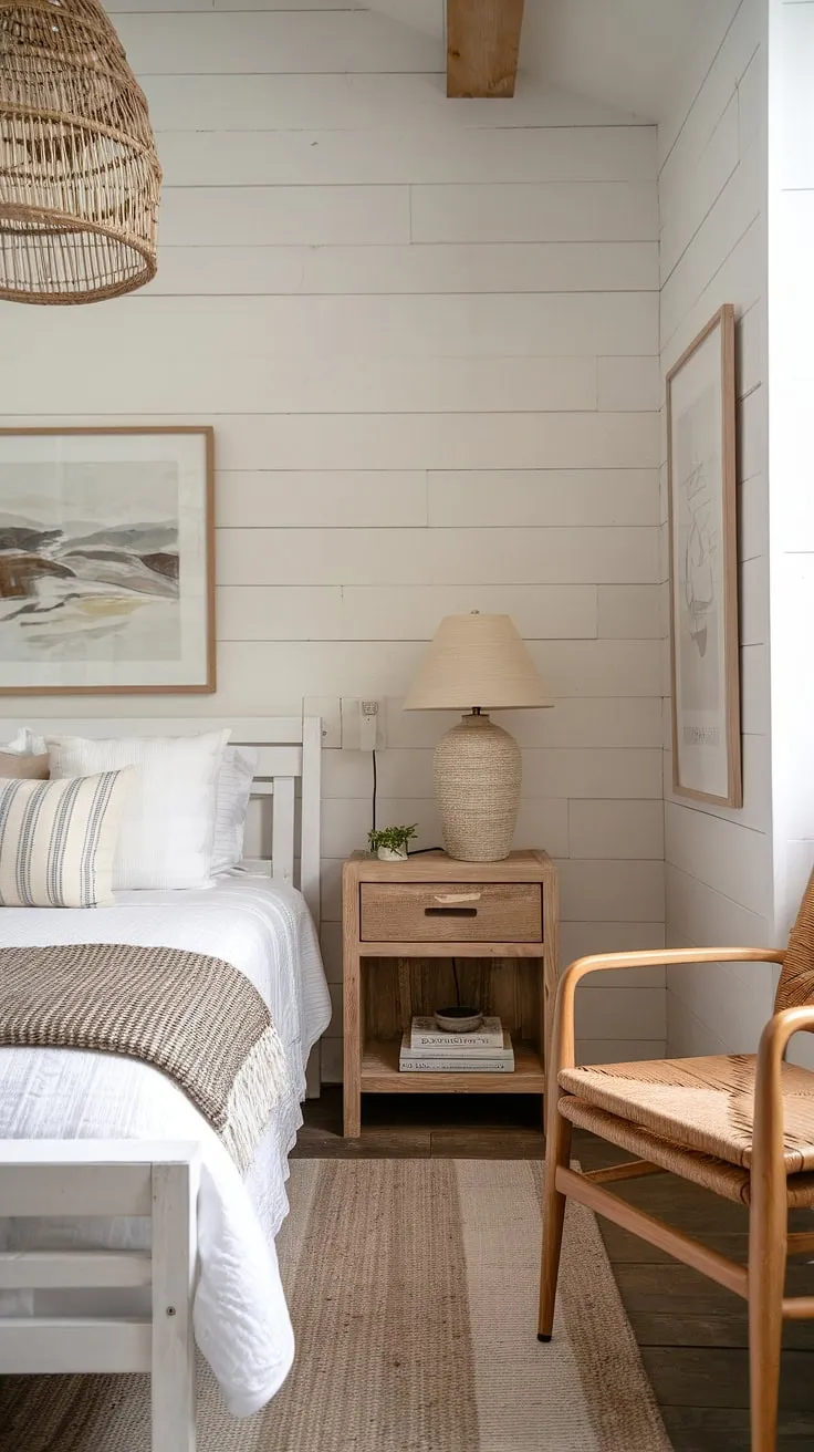 Drift off to sleep in this idyllic coastal retreat. The whitewashed wood, woven textures, and calming artwork create a sanctuary of peace and tranquility. A simple yet stylish space, this bedroom perfectly captures the essence of relaxed coastal living.
