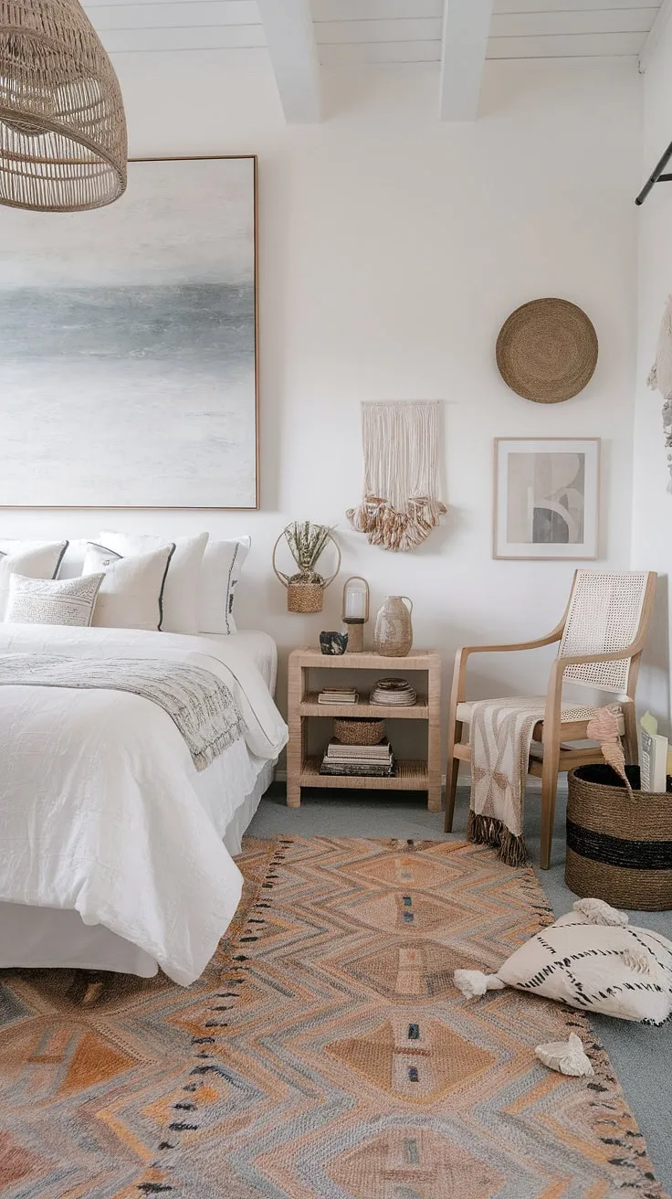 Wake up to the sound of waves and the gentle breeze in this coastal farmhouse bedroom. The minimalist decor, calming ocean palette, and comfortable bed create a serene escape, perfect for unwinding after a day exploring the coast. A perfect blend of modern and boho, this space embodies the tranquil spirit of beach living.